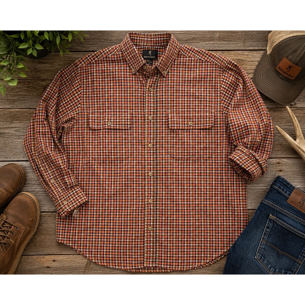 Browning Men's M Plaid Button Up Shirt Orange‎ Brown Cotton Outdoor Hunting